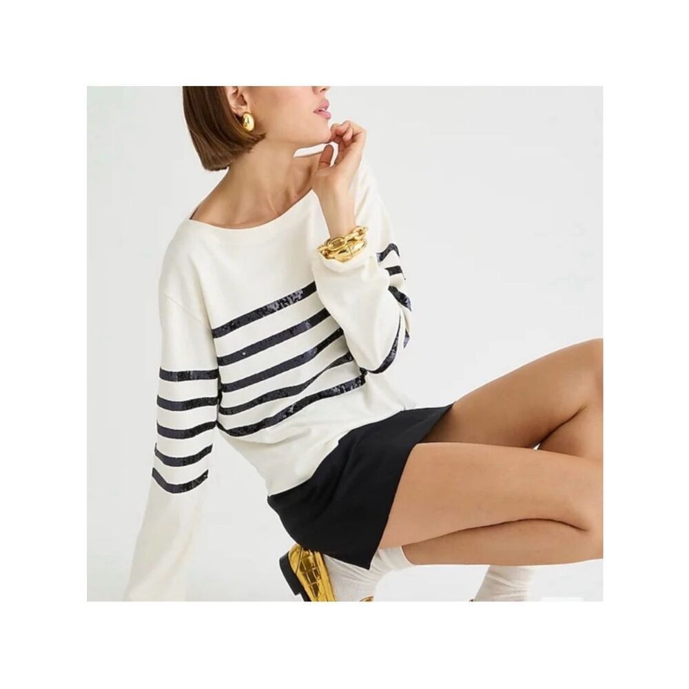 J. Crew Mariner Metallic Striped Blue and White Boat neck Cotton Top, size S